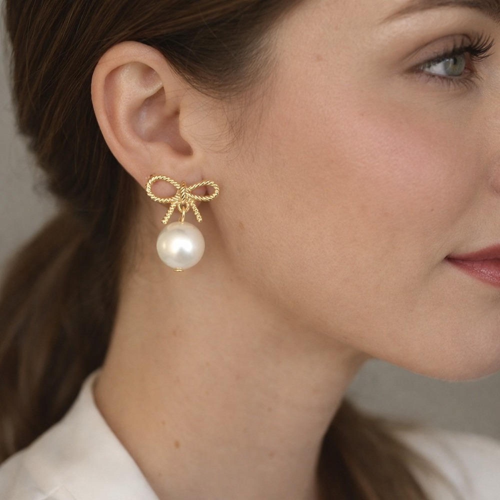 Gold Tone Rope Bow Faux Pearl Drop Earrings Post Back Balletcore Coquette